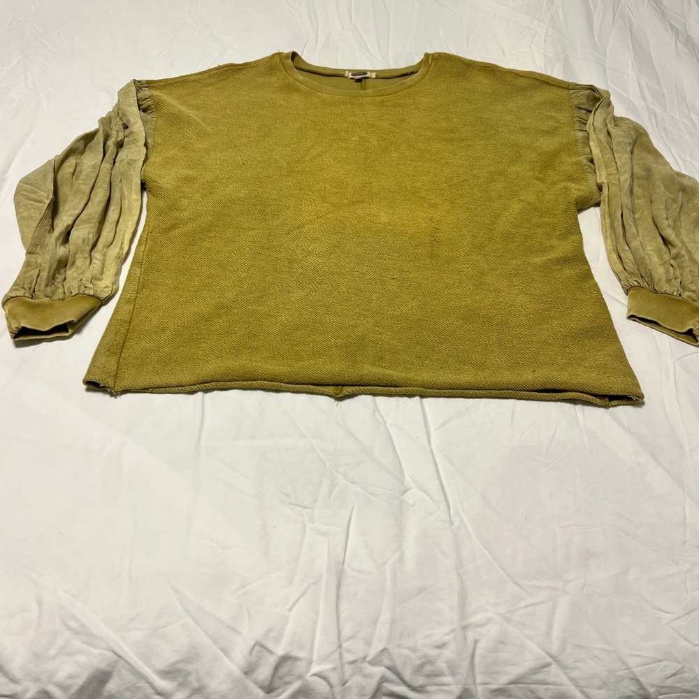 Gimmicks BKE Womens Mustard Yellow Mixed Media Balloon Sleeve Top Large L Boho